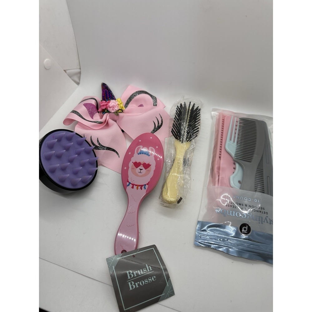 Girls Hair Brush Set Unicorn Bow Scalp Massager Styling Combs Detangler Lot